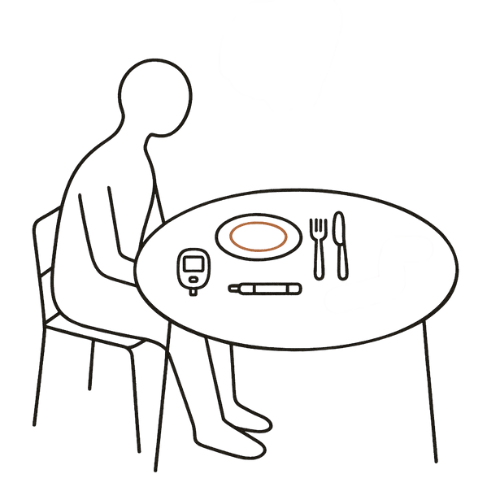 Minimalistische Diabetes-Illustration: Verstehen, Integrieren, Alltag erleichtern Minimalistische Fineline-Illustration in Schwarz mit terracottafarbenen Akzenten: Abstrahierte Person am Tisch mit Symbolen für Blutzuckermessen, Essen, Insulin und Bewegung – Sinnbild für psychologische Hilfe und Strategien im Alltag mit Diabetes.