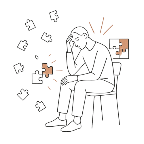 Fineline-Zeichnung einer nachdenklichen Person, die sich sortiert – mit schwebenden Puzzleteilen oder Notizen um sich herum, von denen sich einige bereits in eine klare Form fügen. Terracotta-Akzente symbolisieren Klarheit und innere Orientierung.