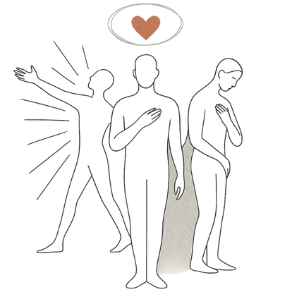 Feinlinige Illustration eines Gedankenkarussells – eine abstrahierte Person mit kreisenden Symbolen für Gedanken, Sorgen und Gefühle, in beruhigenden Salbeitönen gehalten.