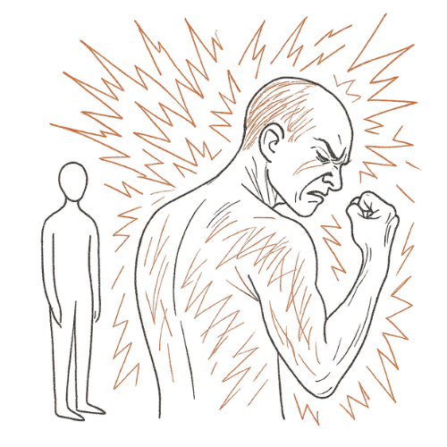 Feine Linienzeichnung einer angespannten Figur mit abgewandtem Blick – symbolisiert Gereiztheit, Ungeduld und Rückzug