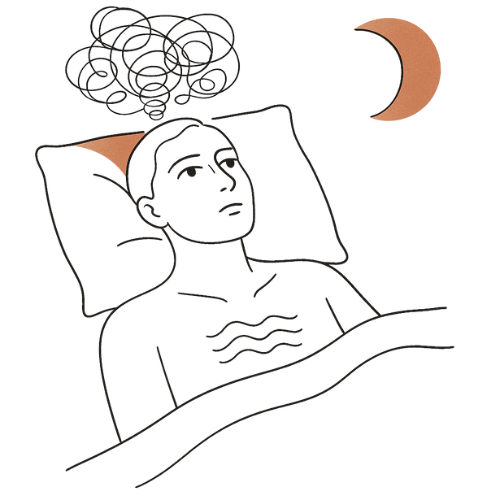 Liegende Person mit offenen Augen und verspannten Linien – symbolisiert Schlafstörungen, Verspannungen und innere Unruhe