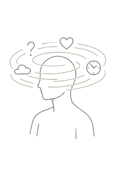 Feinlinige Illustration eines Gedankenkarussells – eine abstrahierte Person mit kreisenden Symbolen für Gedanken, Sorgen und Gefühle, in beruhigenden Salbeitönen gehalten.