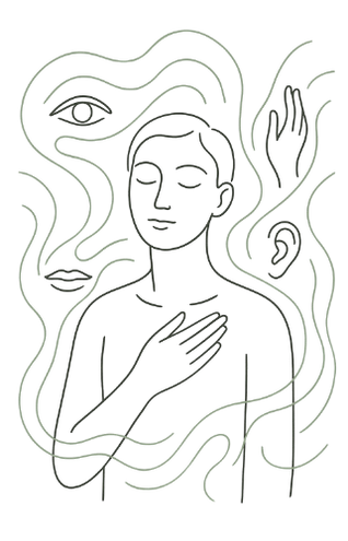 Abstrakte Fineline-Zeichnung einer ruhigen Person mit geschlossenen Augen und einer Hand auf dem Herzen, umgeben von sanften Linien, die die fünf Sinne symbolisieren – inspiriert von der Achtsamkeitsübung 5‑4‑3‑2‑1 zur Beruhigung des Gedankenkarussells.