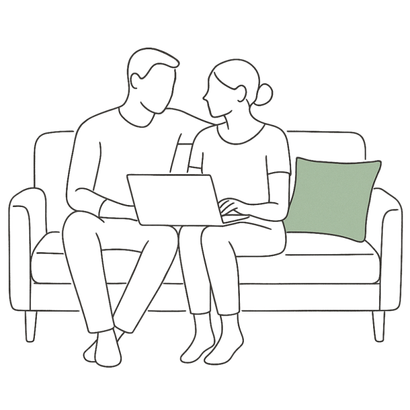Online-Paartherapie – bequem & sicher von zuhause aus Abstraktes Paar auf dem Sofa mit Laptop – Illustration zur Online-Paartherapie bequem von zuhause aus
