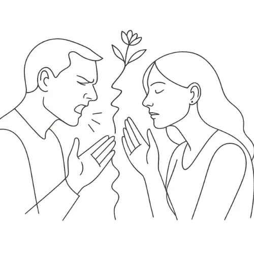 Symbolische Fineline-Zeichnung zu Kommunikationsmustern und Konflikten in der Paartherapie