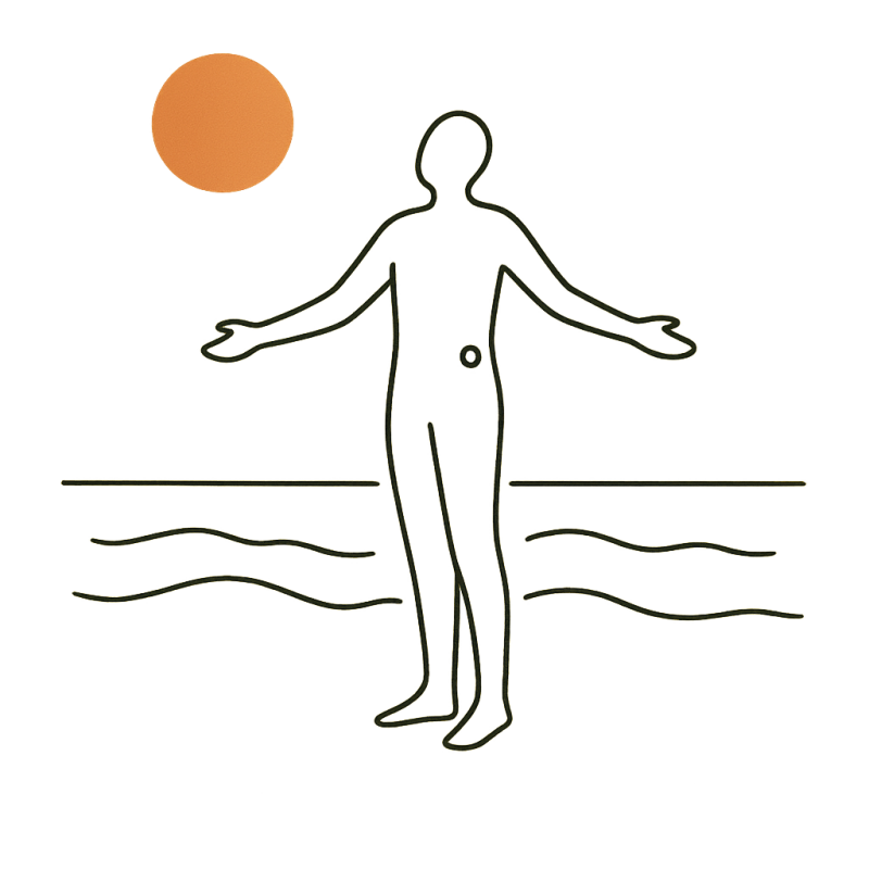Minimalistische Illustration: Frei leben mit Diabetes – Person am Strand mit Sonne Minimalistische Fineline-Illustration in Schwarz mit terracottafarbener Sonne: Eine abstrahierte Person steht entspannt am Strand, Symbol für Selbstbestimmung, innere Stärke und psychologische Hilfe bei Diabetes.