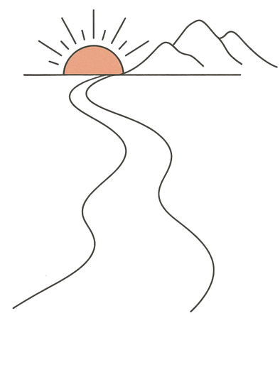 Feine Linienzeichnung auf weißem Hintergrund: Ein geschwungener Weg führt leicht ansteigend in die Ferne. Am Horizont leuchtet eine stilisierte Sonne in warmem Terrakotta (#CE7257) – Sinnbild für Aufbruch, Orientierung und Zuversicht.