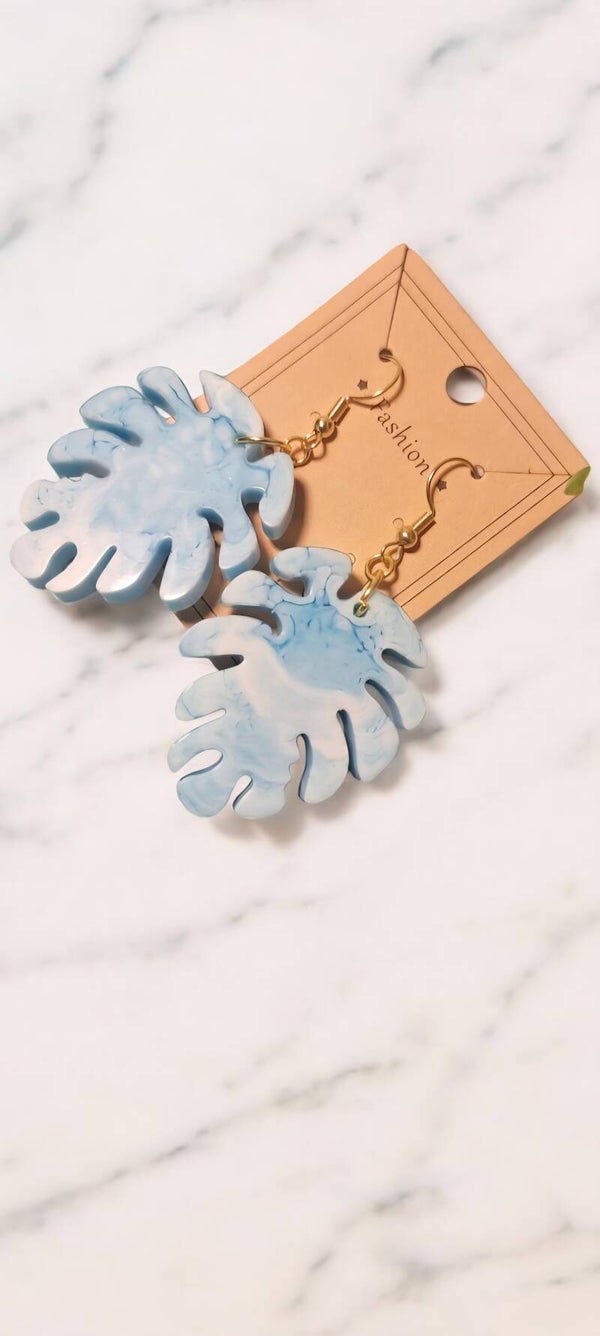 Blue Marbled Monstera Leaf Resin Earrings