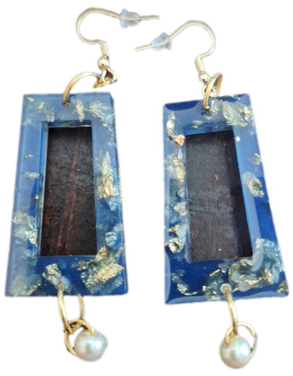 Elegant Blue Dangle Earrings Gold Foil and Pearl Accents