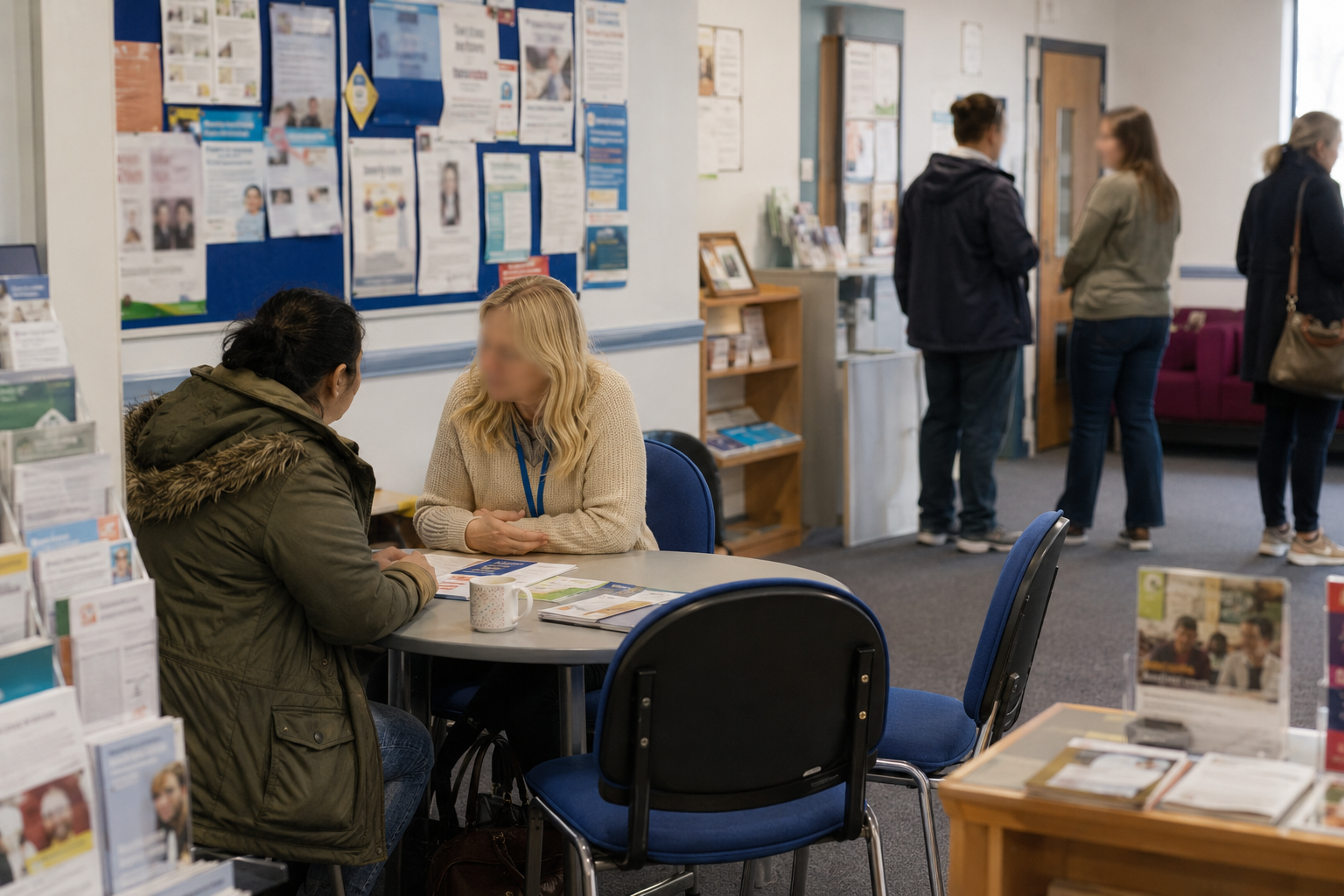 two people at a table talking in the community centre, people in the background
