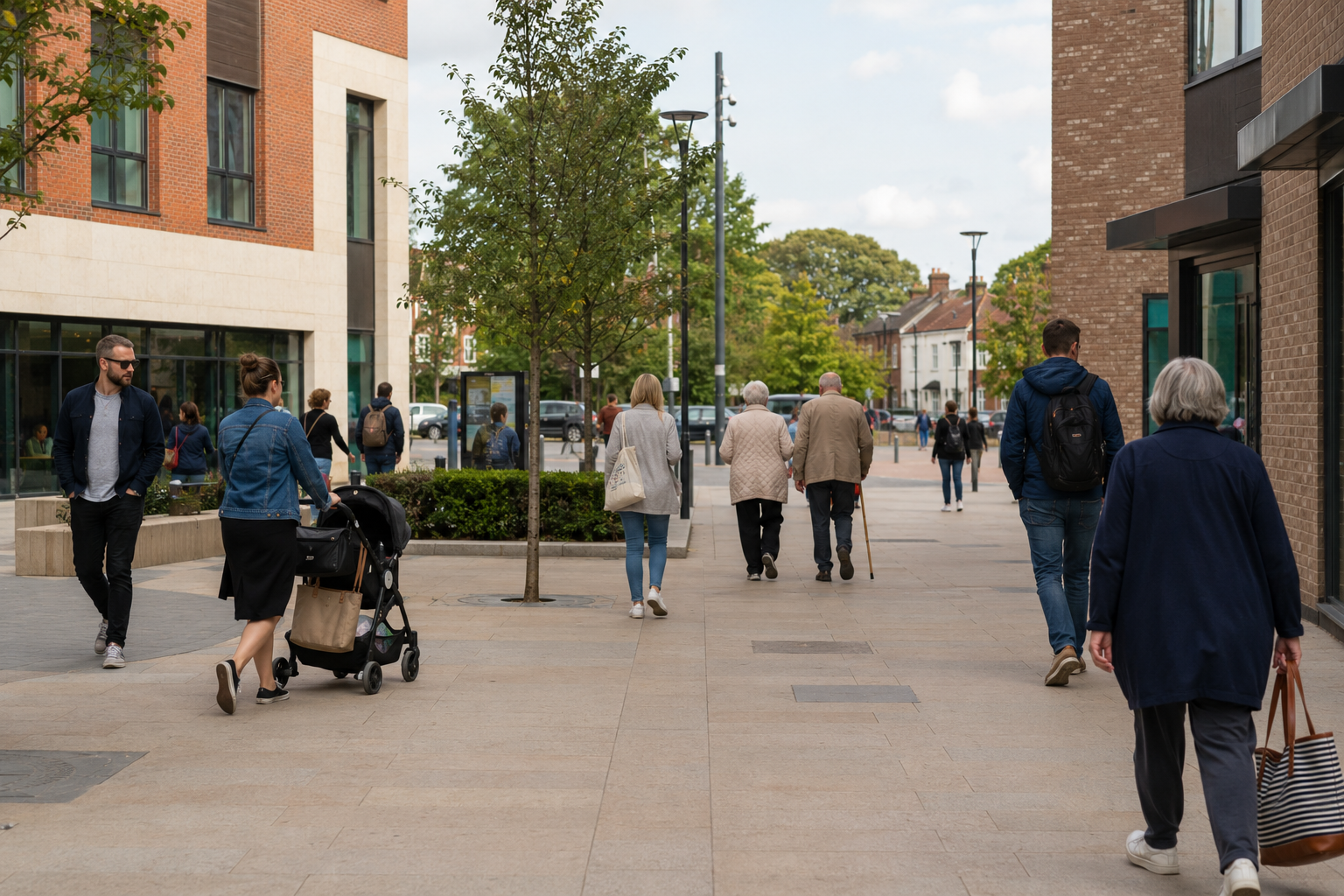 a view of a walkway through shopping high street with pedestirans