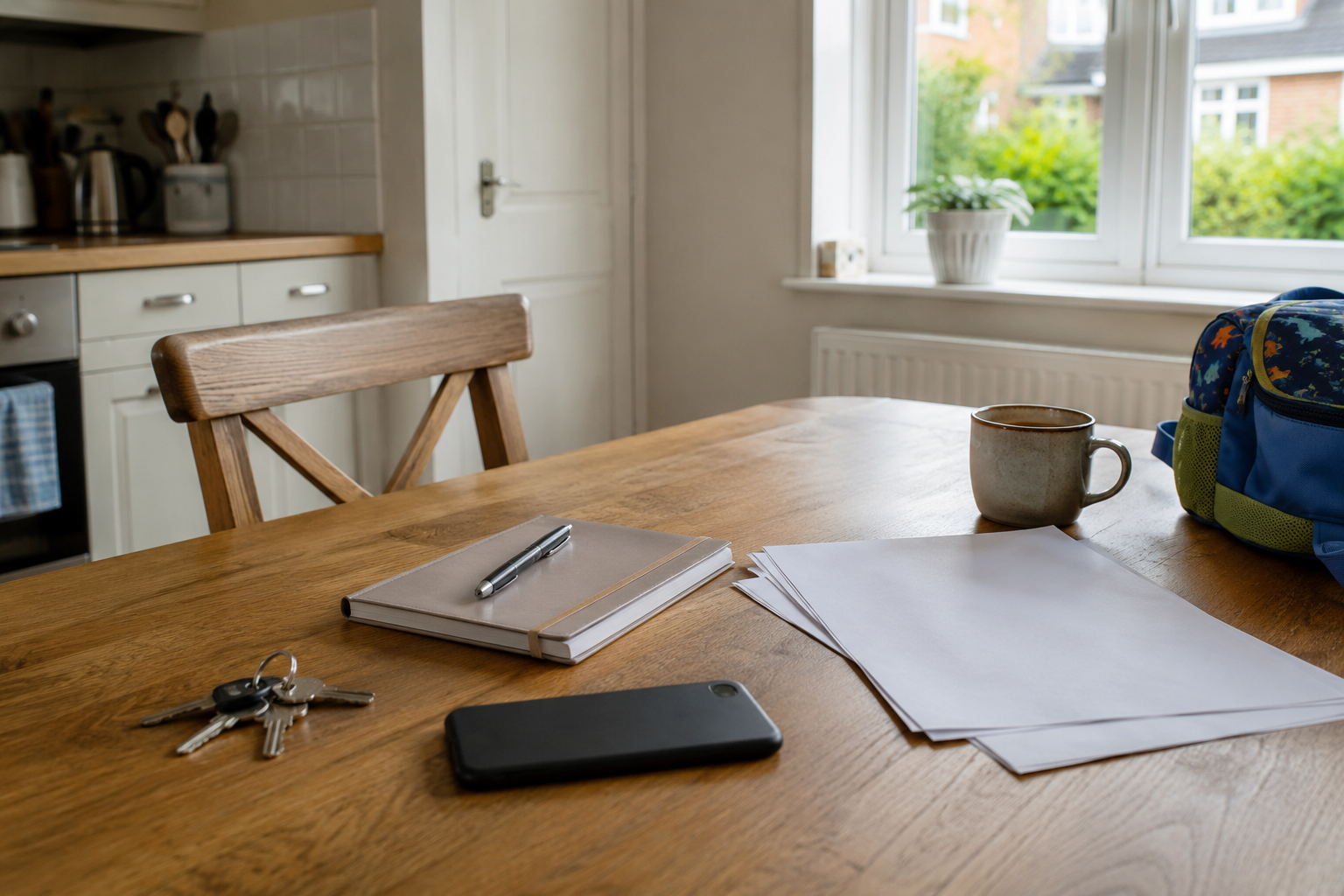 A calm table scene with a notebook, pen, phone, cup of tea and chair by a window, representing Lumorae’s planning and mission development.