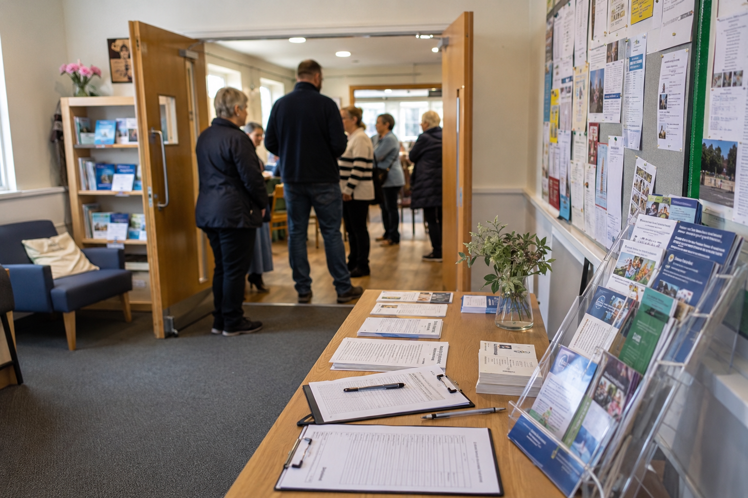 entrance to a community room where several people are standing talking