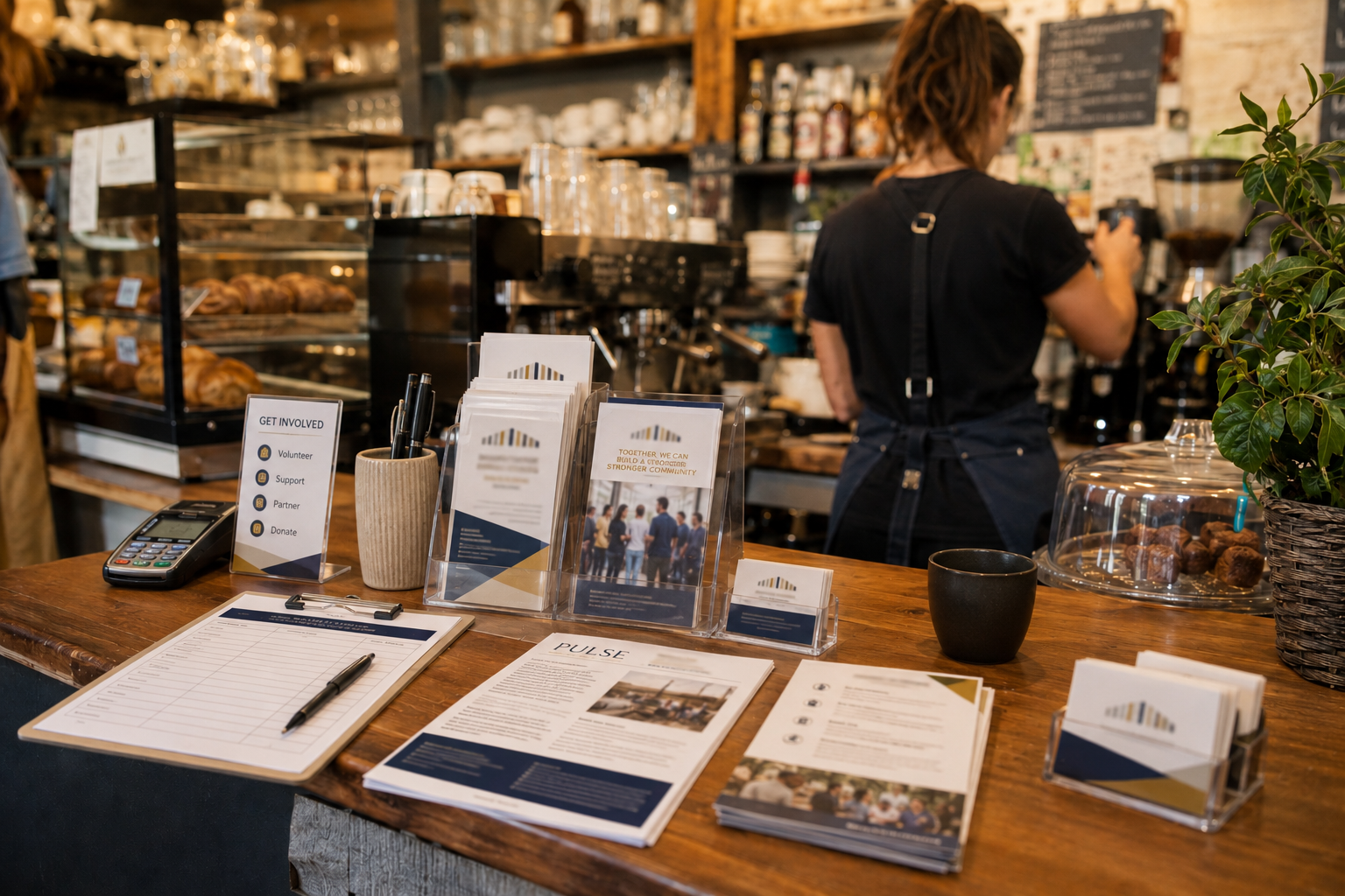 a cafe worker behind the counter of lumorae leaflets