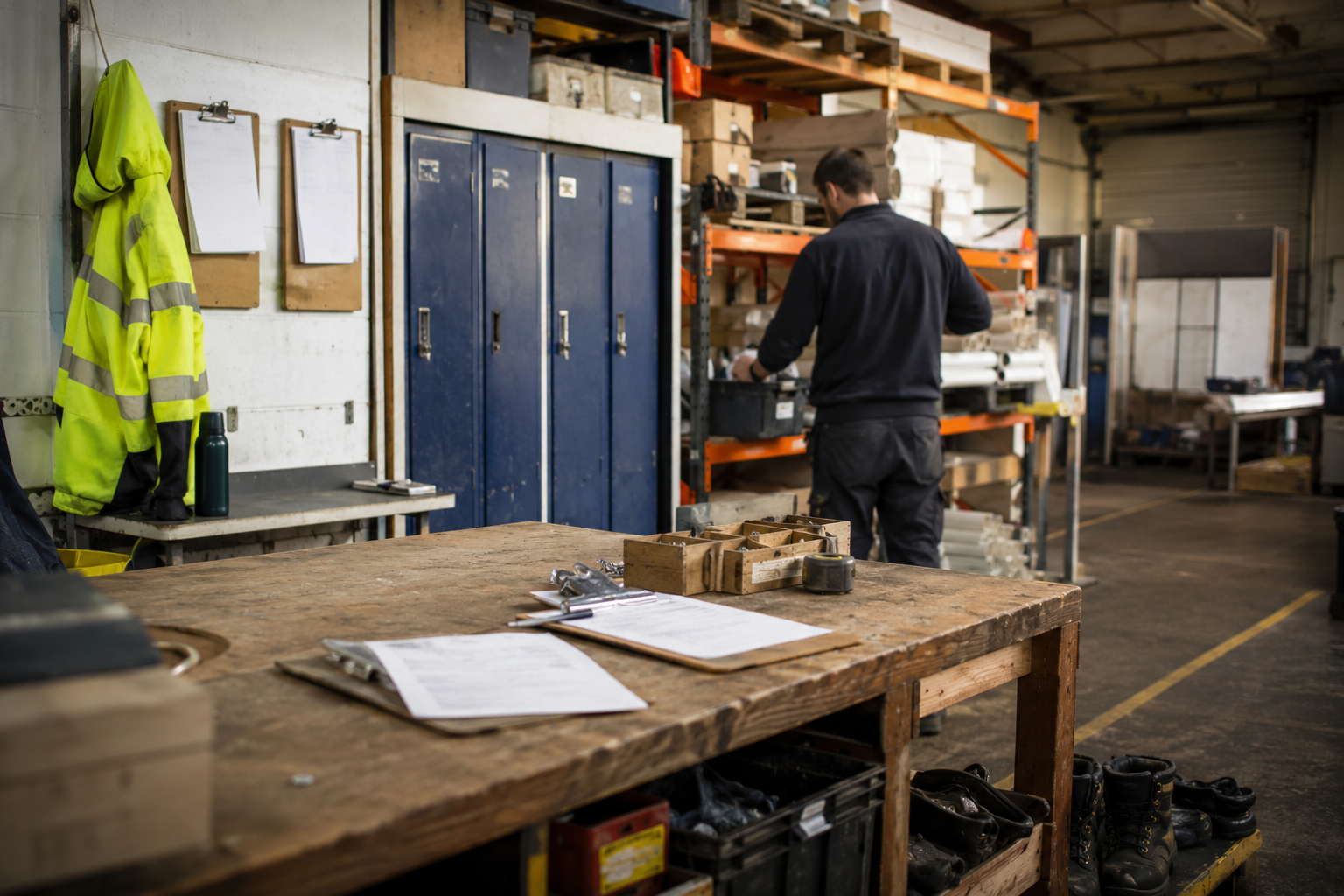 a tradesmans workshop, showing racks of equipment and tools