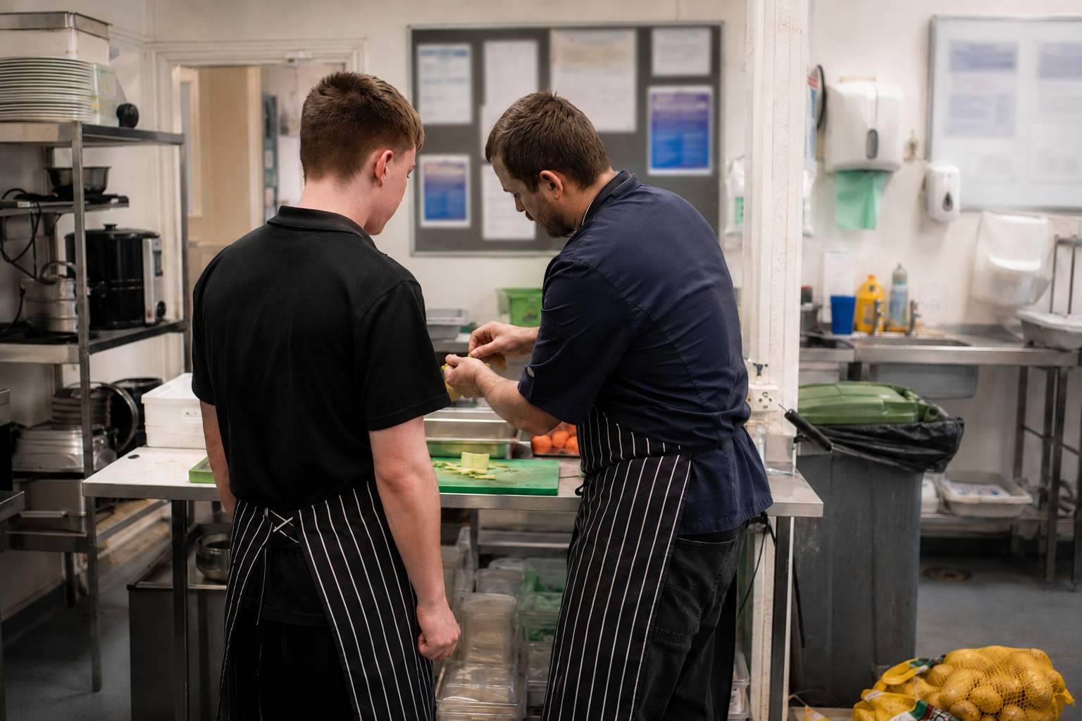 a chef and apprentice chef in the kitchen preparing vegetables