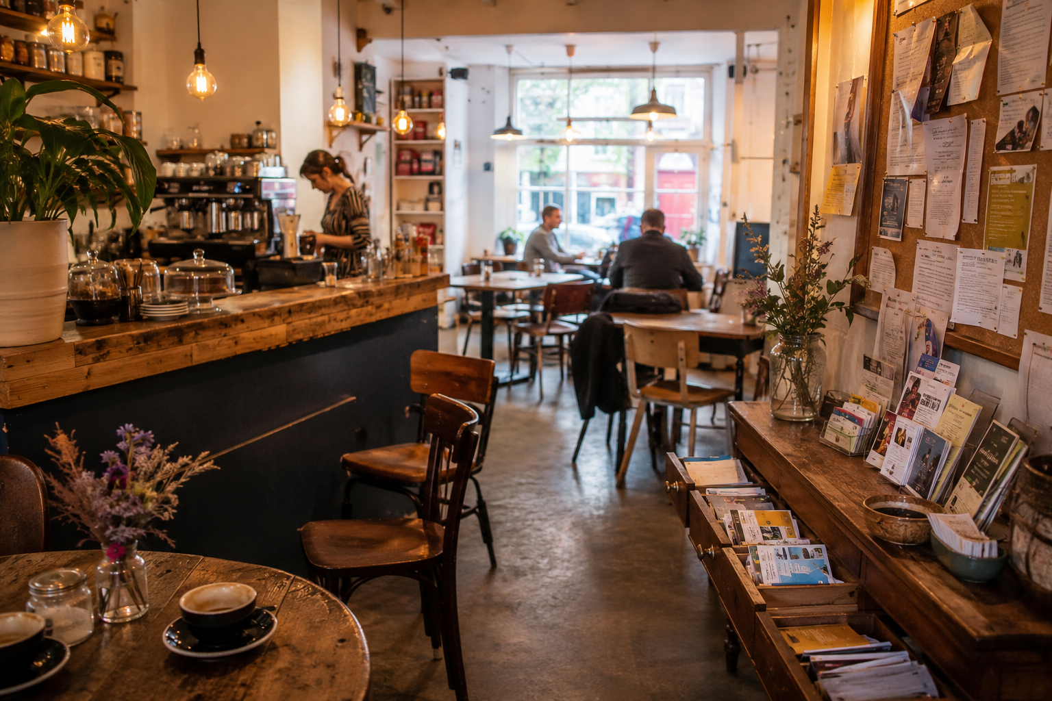 a view of a welcoming warm cafe showing a display of our leaflets on view