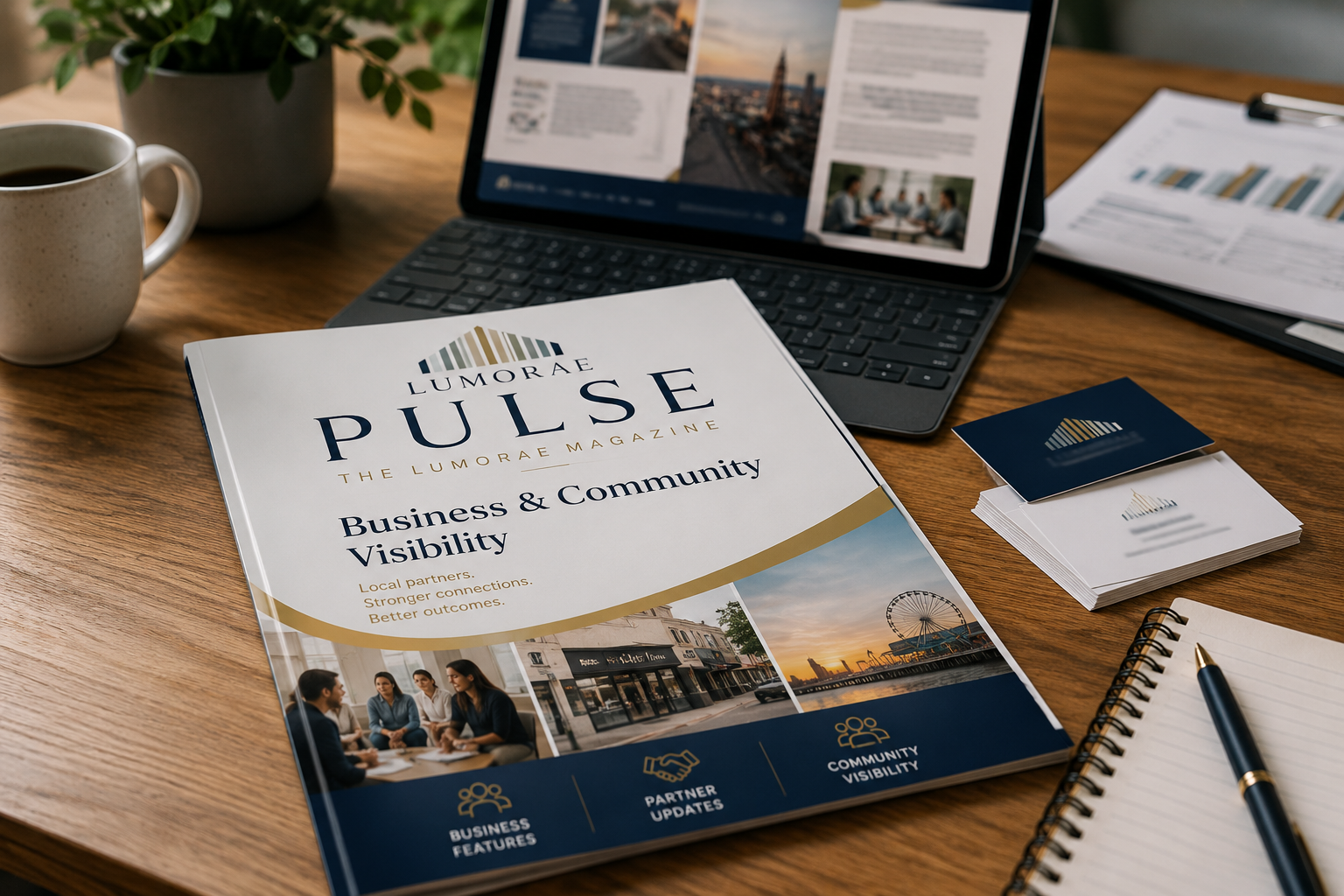 A future copy of Pulse Magazine on a desk near laaptop abd business cards