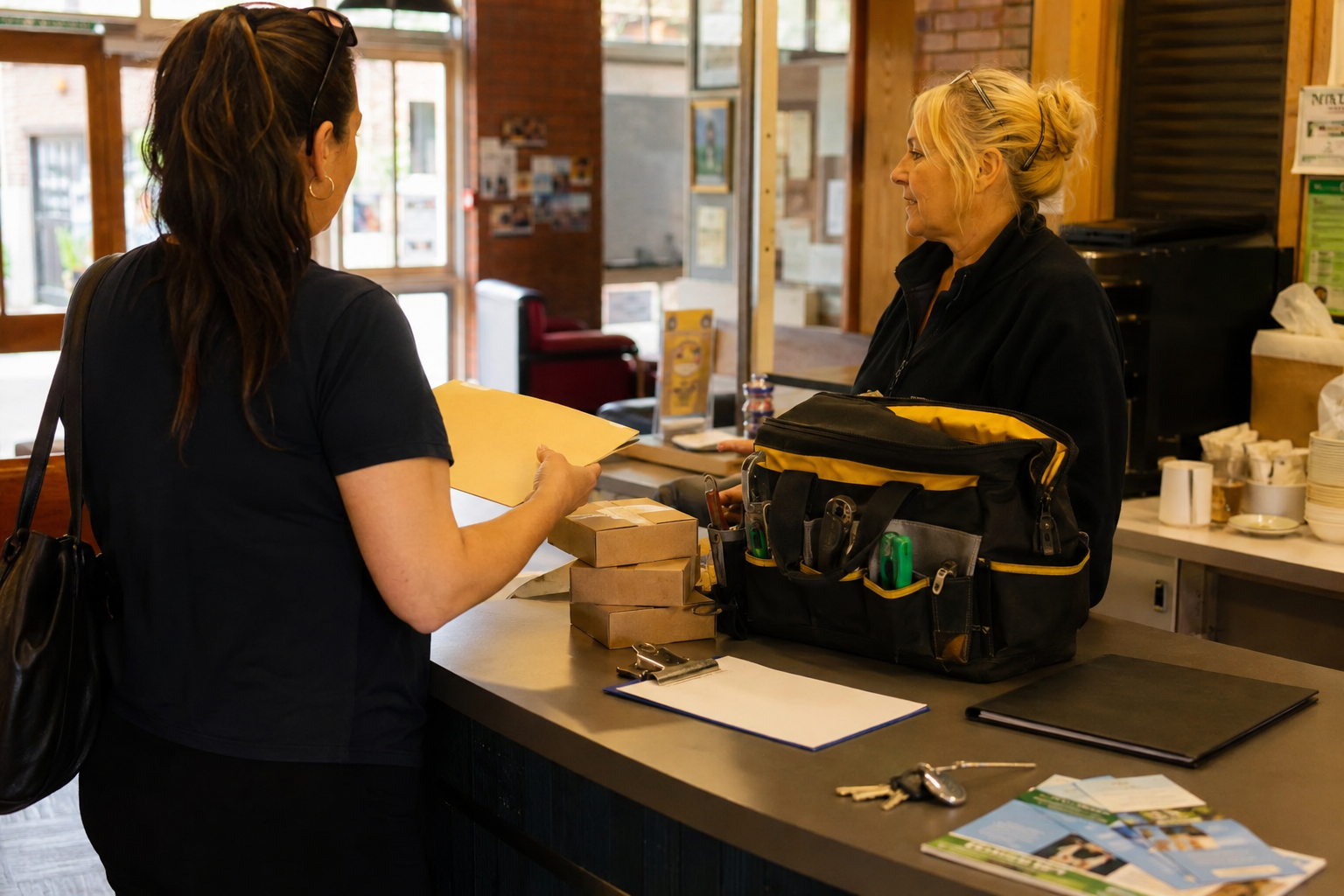 a customer service desk and staff chatting