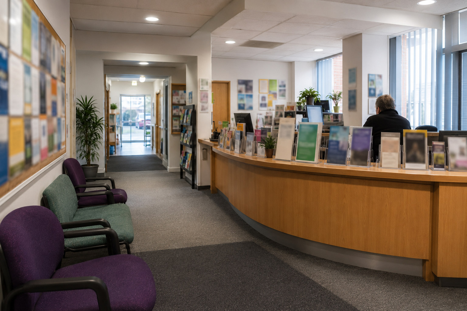 a calm entrance to a reception desk and range of leaflets