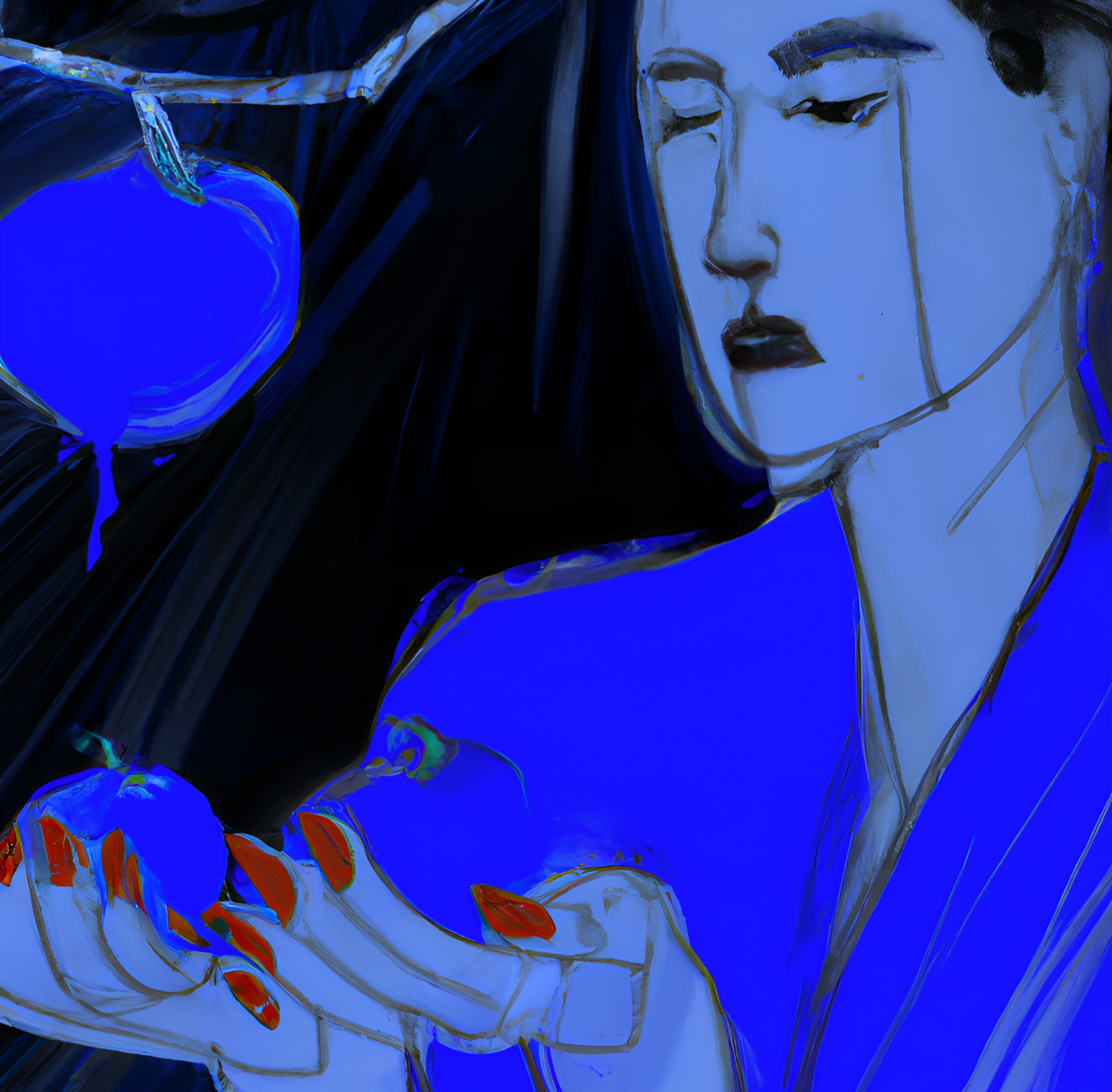 Rose toned woman holding a blue fruit observing it. 