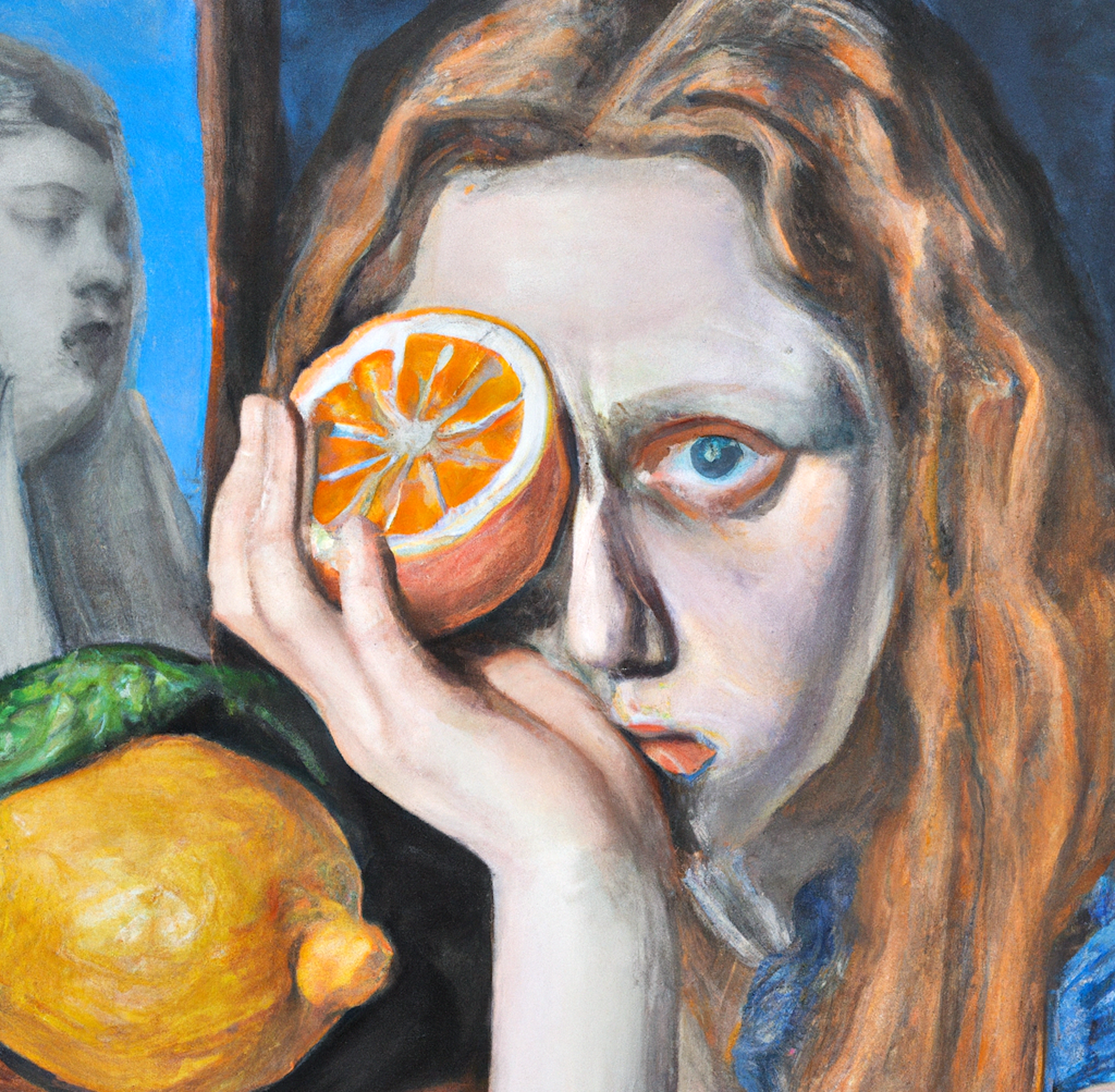Peach toned woman holding half of a citrus fruit  observing you
