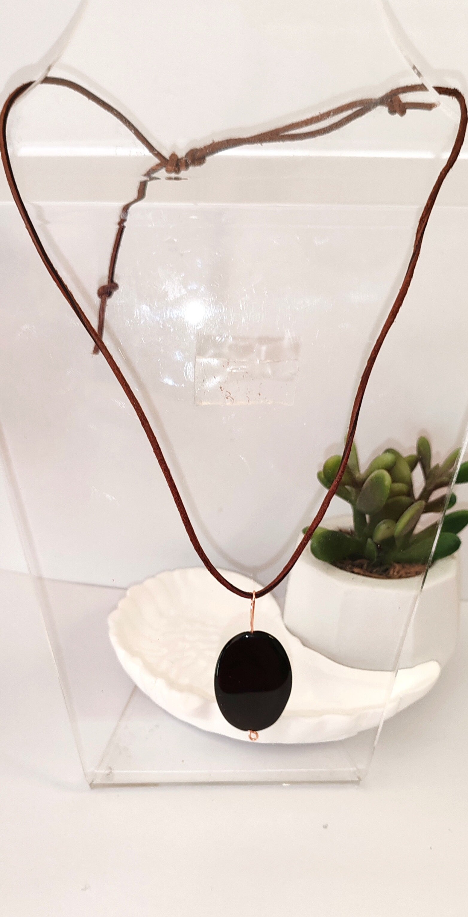 Collier cuir et obsidienne (mixte)