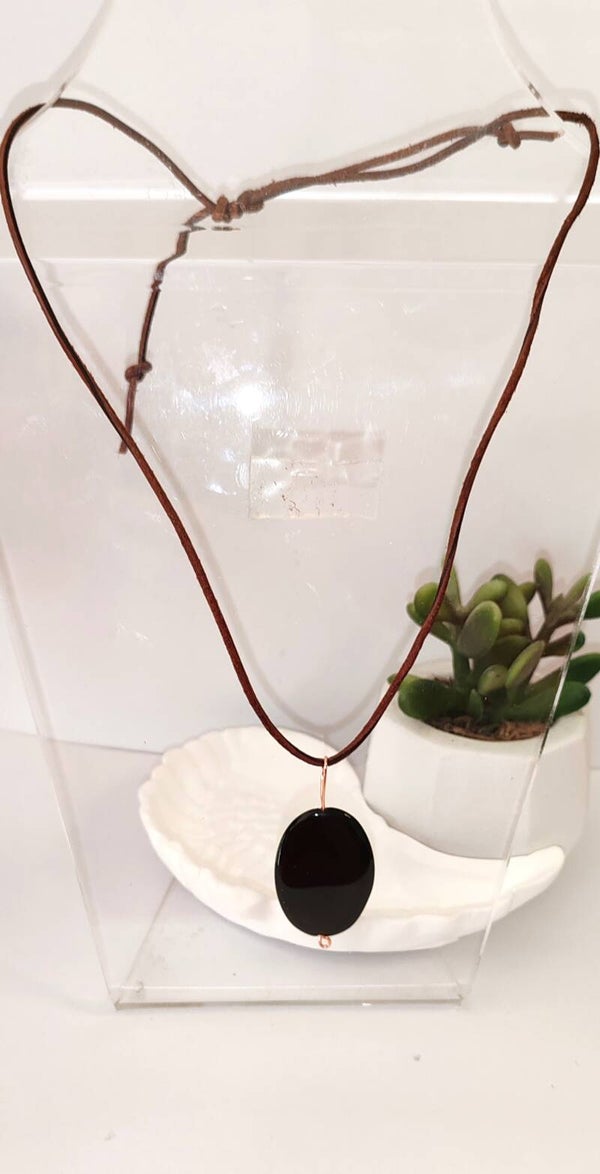Collier cuir et obsidienne (mixte)