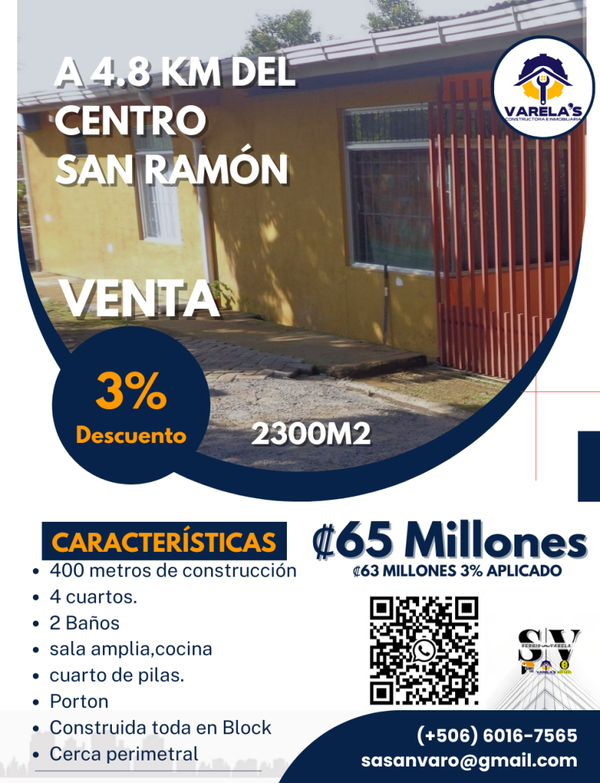 Venta de casa 2300 m2 San Juan, San Ramón, Alajuela