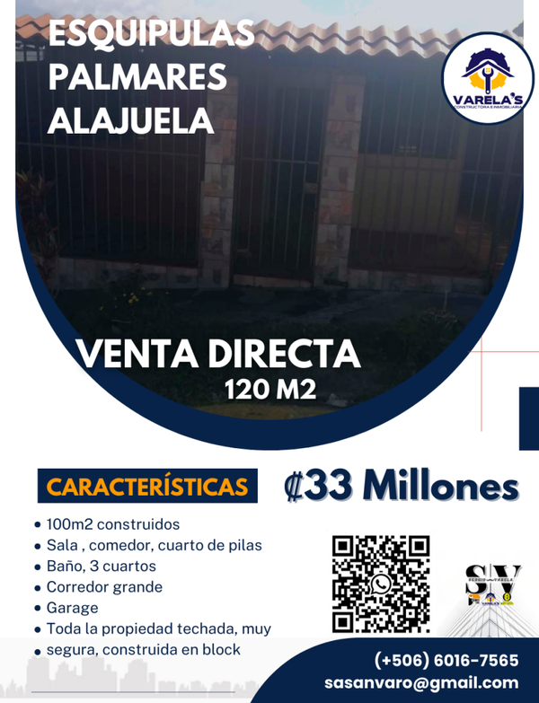Venta de casa 130m2 Esquipulas , Palmares, Alajuela