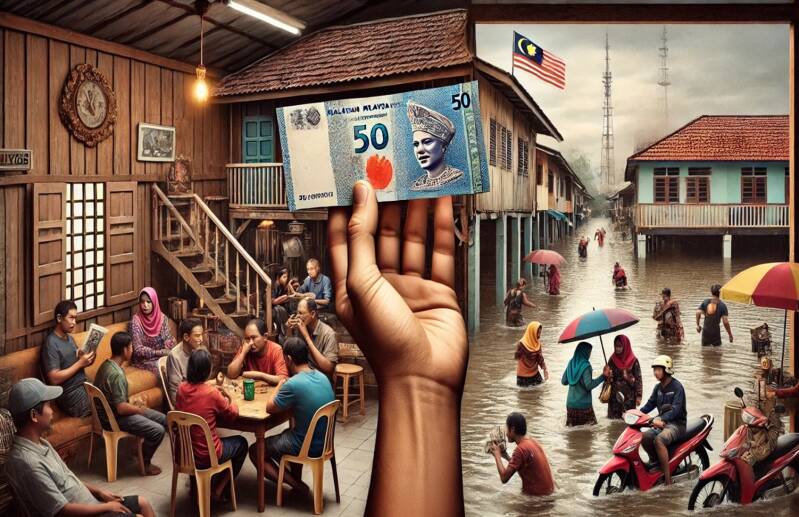A split-scene illustration shows two contrasting environments: on the left, a group of people gather inside a traditional wooden house, sitting around a table, drinking, and conversing. One person holds a Malaysian 50-ringgit note, symbolizing money or ai