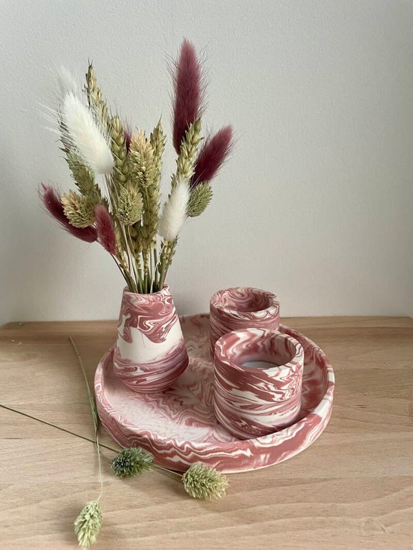 Setje - ronde schaal + vaasje + 2 mini potjes Swirl