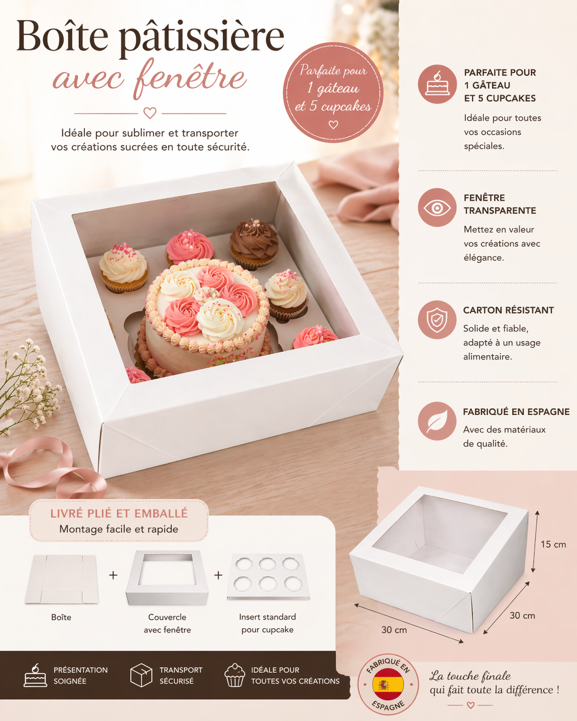 Boîte pâtissière avec fenêtre – idéale pour sublimer vos gâteaux et 5 cupcakes. Format pratique : 30 x 30 x 15 cm