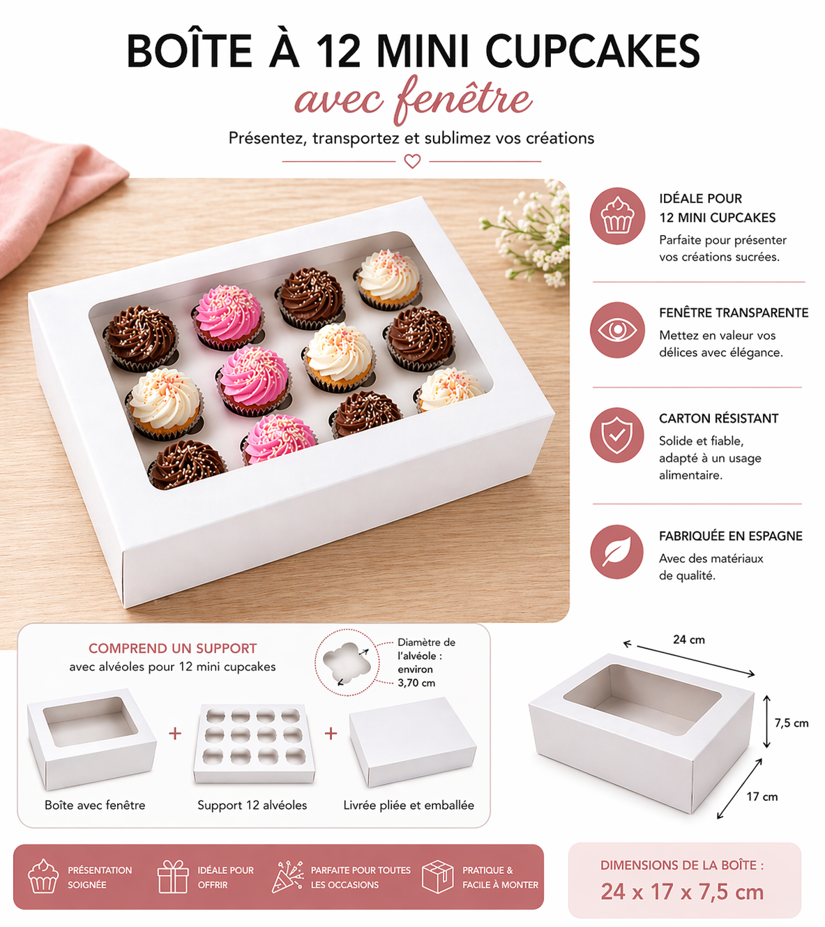 Boîte 12 mini Cupcakes Muffins verrine avec fenêtre BLANCHE