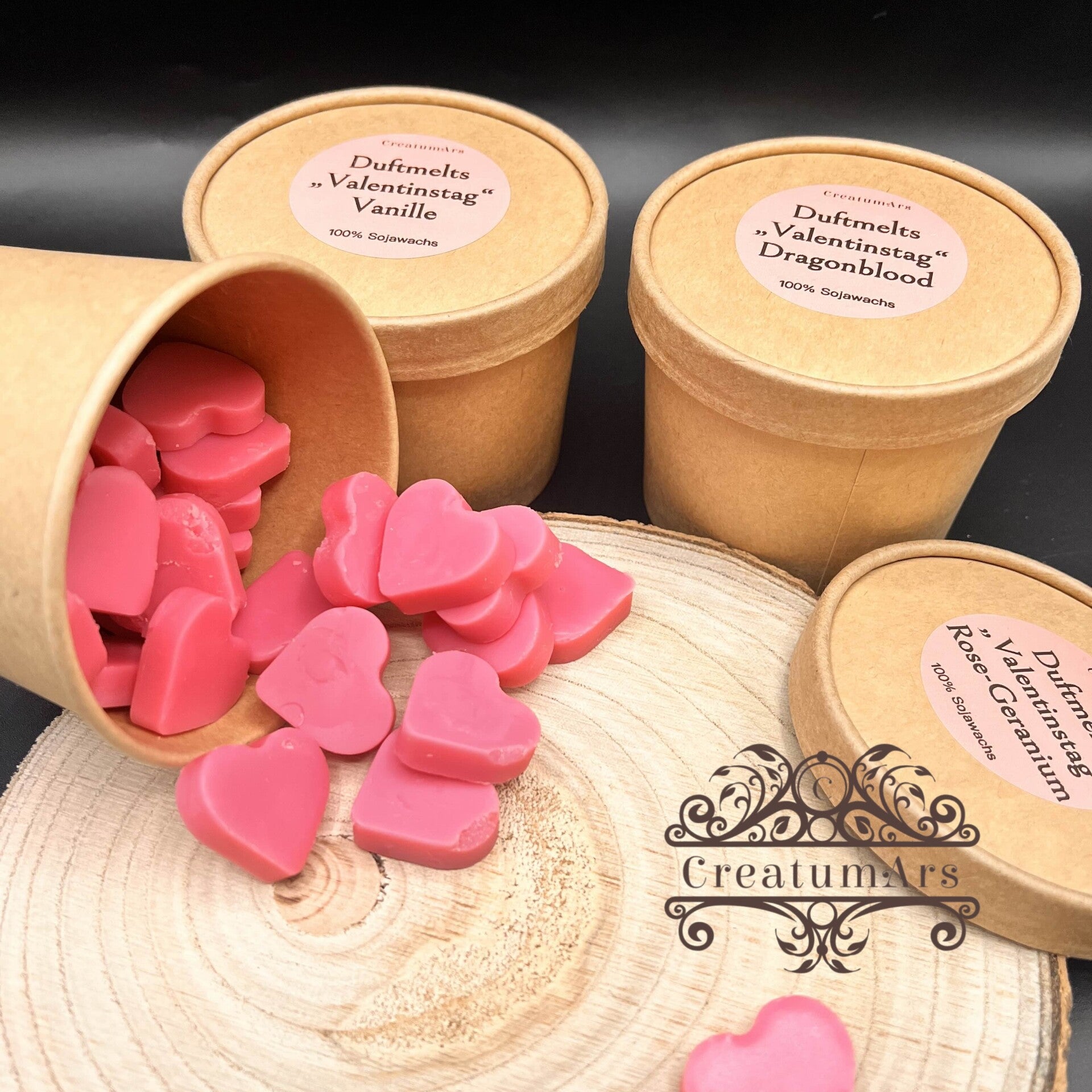 Herzchen-Duftmelts im praktischen Behälter | 100% Sojawachs | vegan | handgefertigt | nachhaltig | Valentinstag / Muttertag