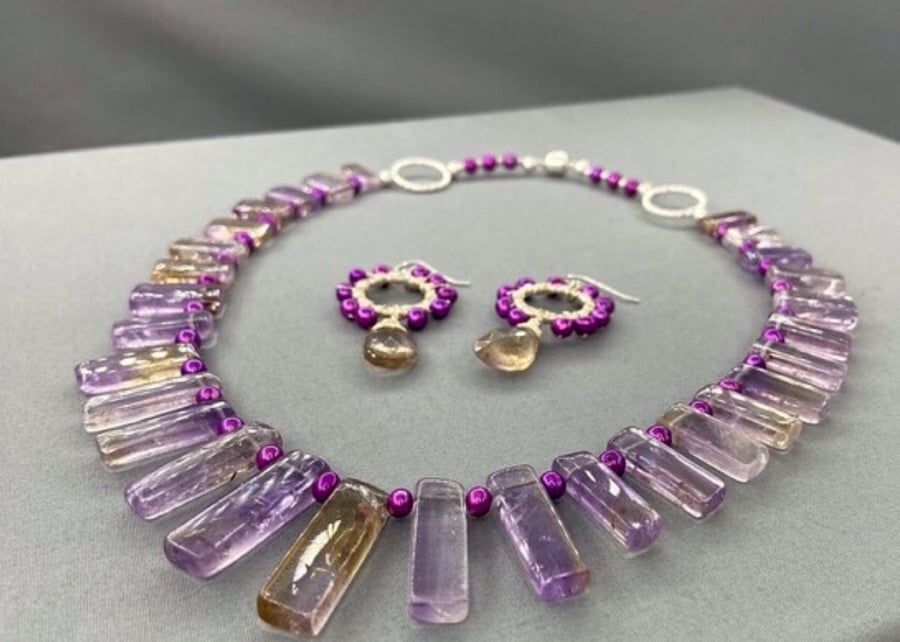 Ametrine & Cadbury Purple Pearl Necklace & Earrings Set