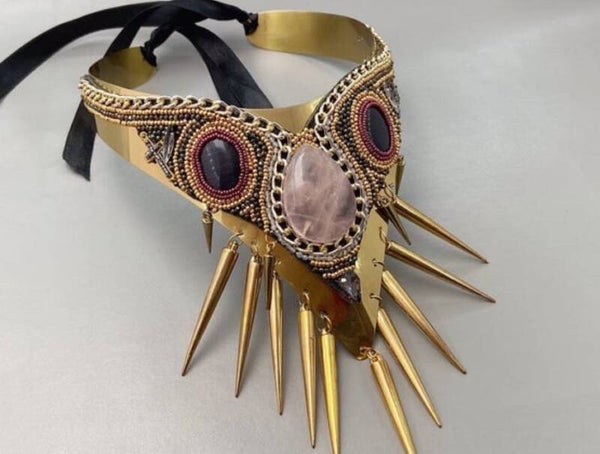 Punk Rose Quartz & Black Cat’s Eye V-Neck Statement Collar