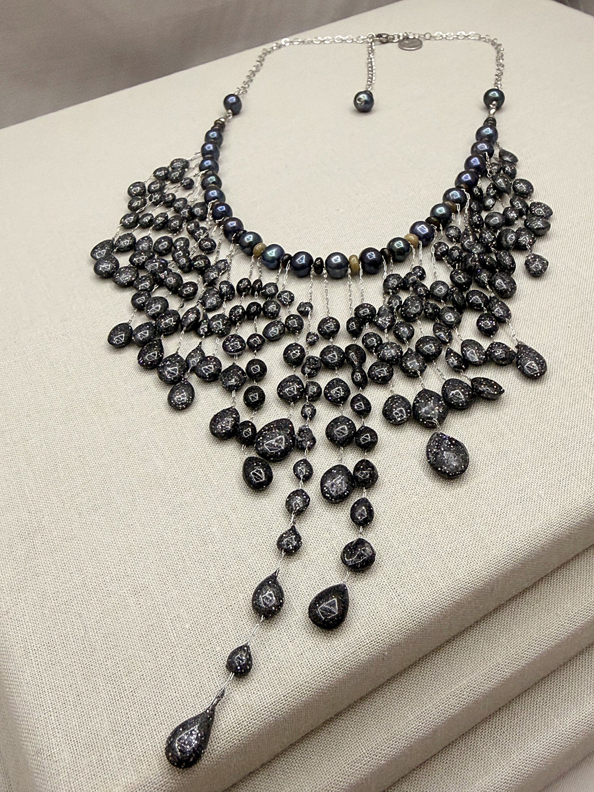 Cascading Sparkle Necklace With Black Pearls and Black Spinel