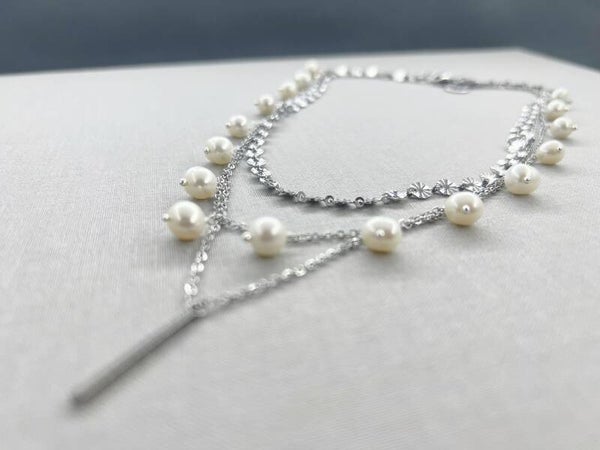 Triple Layer Stainless Steel Necklace With Cultured Pearls