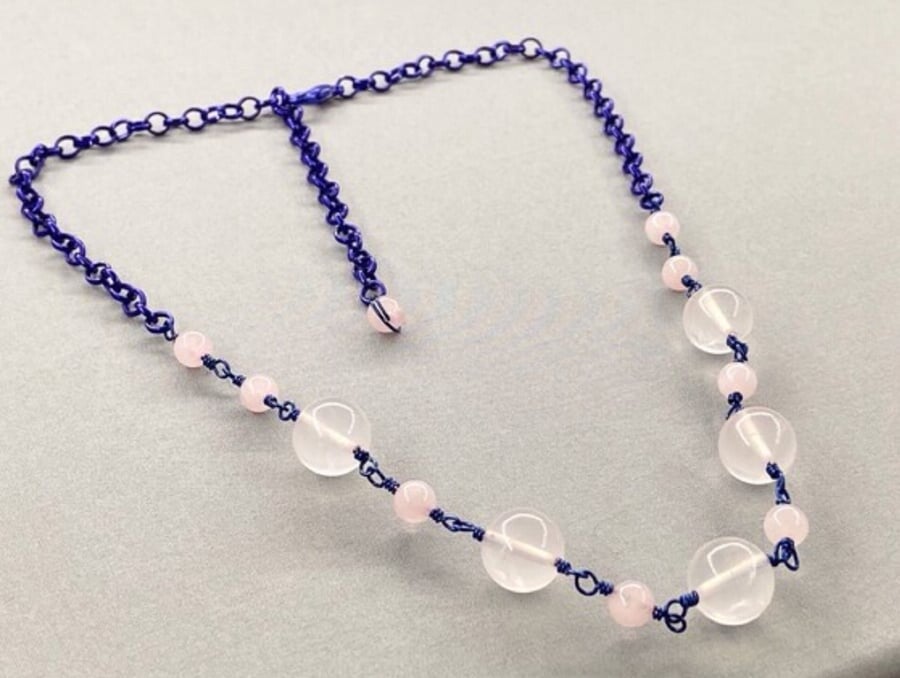 Rose Quartz & Blue Wire Wrapped Necklace