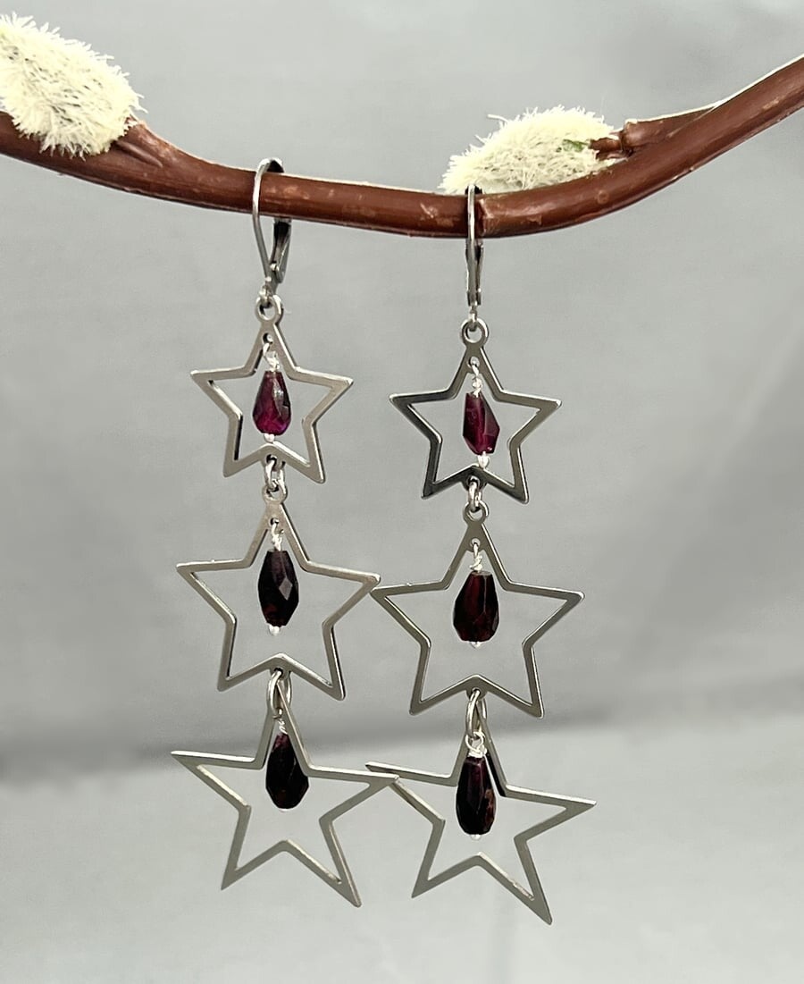 Stainless Steel Star & Garnet Drop Earrings