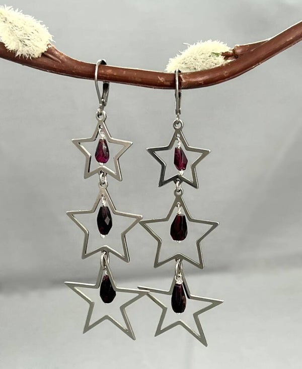 Stainless Steel Star & Garnet Drop Earrings