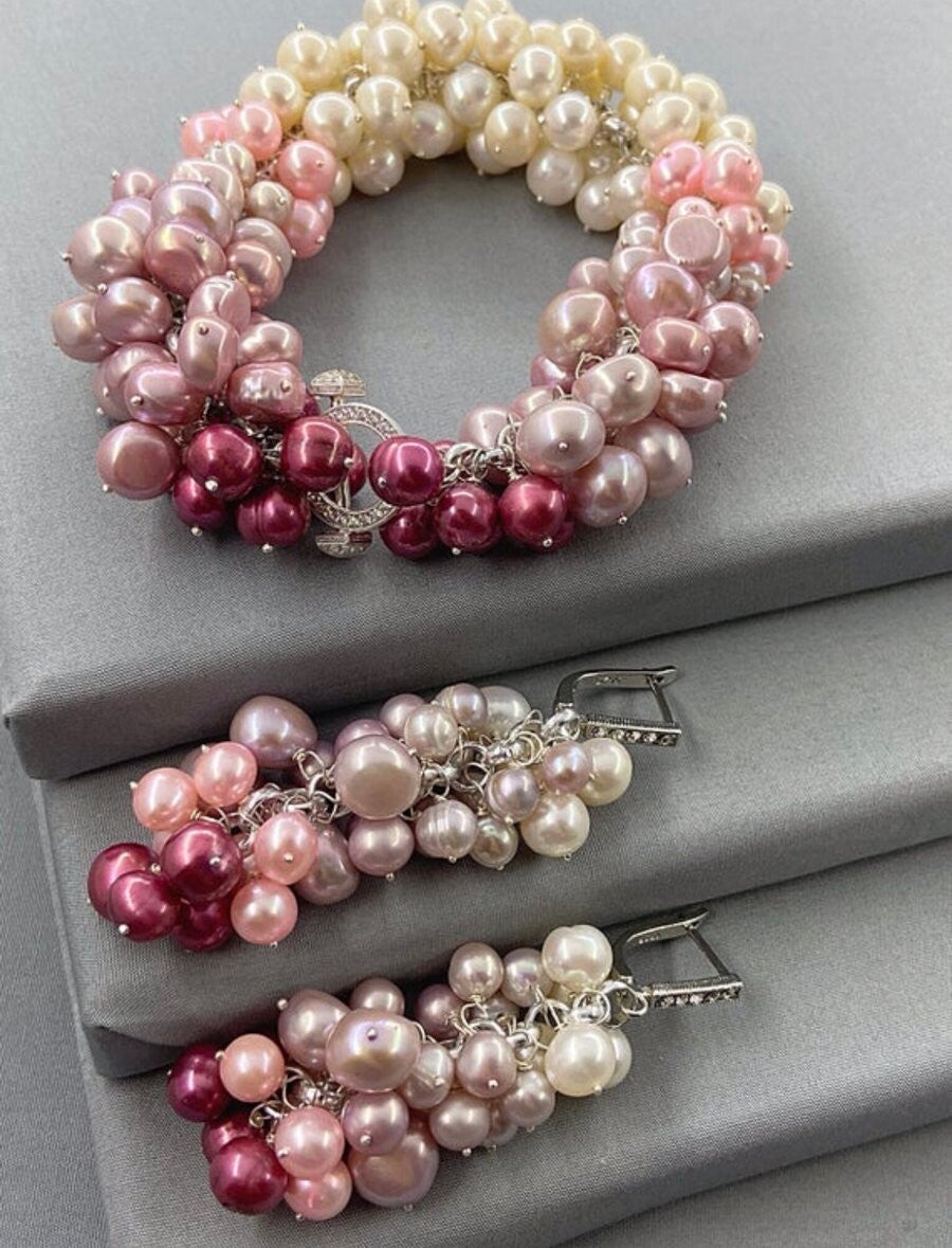 Ivory & Pink Cultured Pearl Bubble Style Bracelet & Earrings Set
