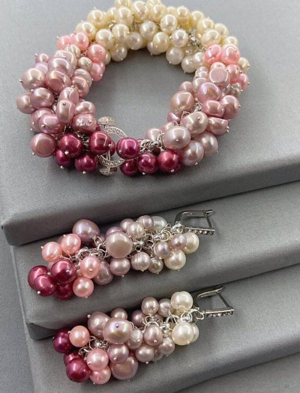 Ivory & Pink Cultured Pearl Bubble Style Bracelet & Earrings Set