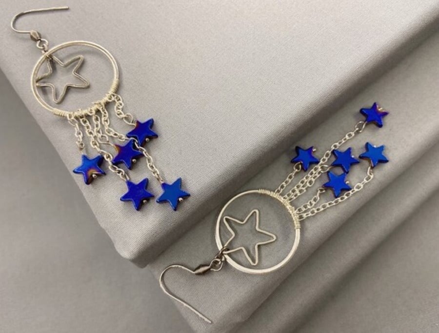 Blue Hematite Star Drop Earrings
