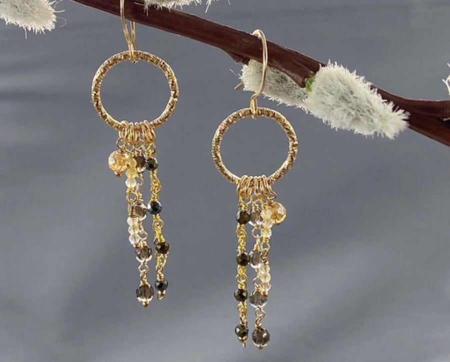 Boho Golden Quartz & Pyrite Dangle Earrings