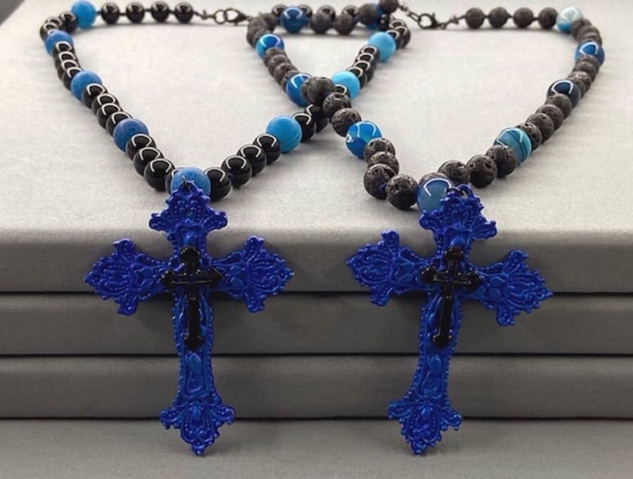 Blue Agate & Lava Rock Cross Necklace