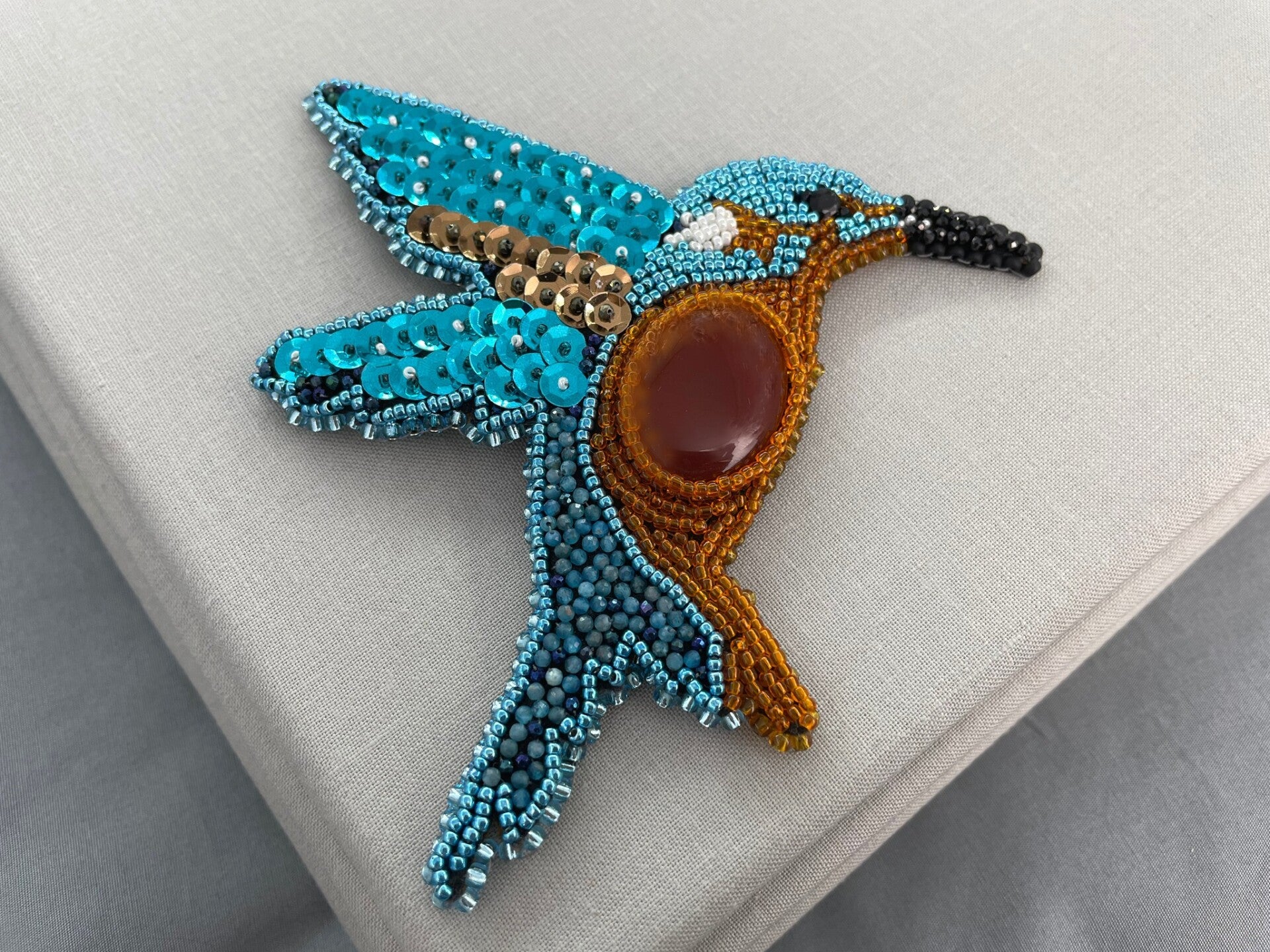Sparkling Onyx, Black Spinel & Neon Apatite Kingfisher Bird Art Brooch