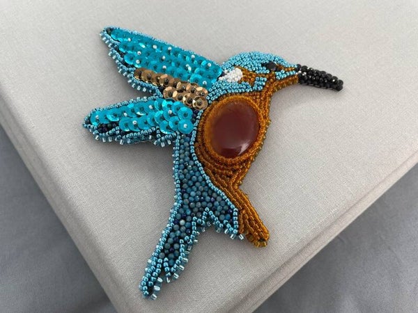 Sparkling Onyx, Black Spinel & Neon Apatite Kingfisher Bird Art Brooch