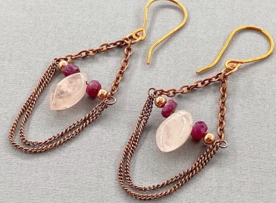 Morganite & Ruby Cascading Chain Earrings
